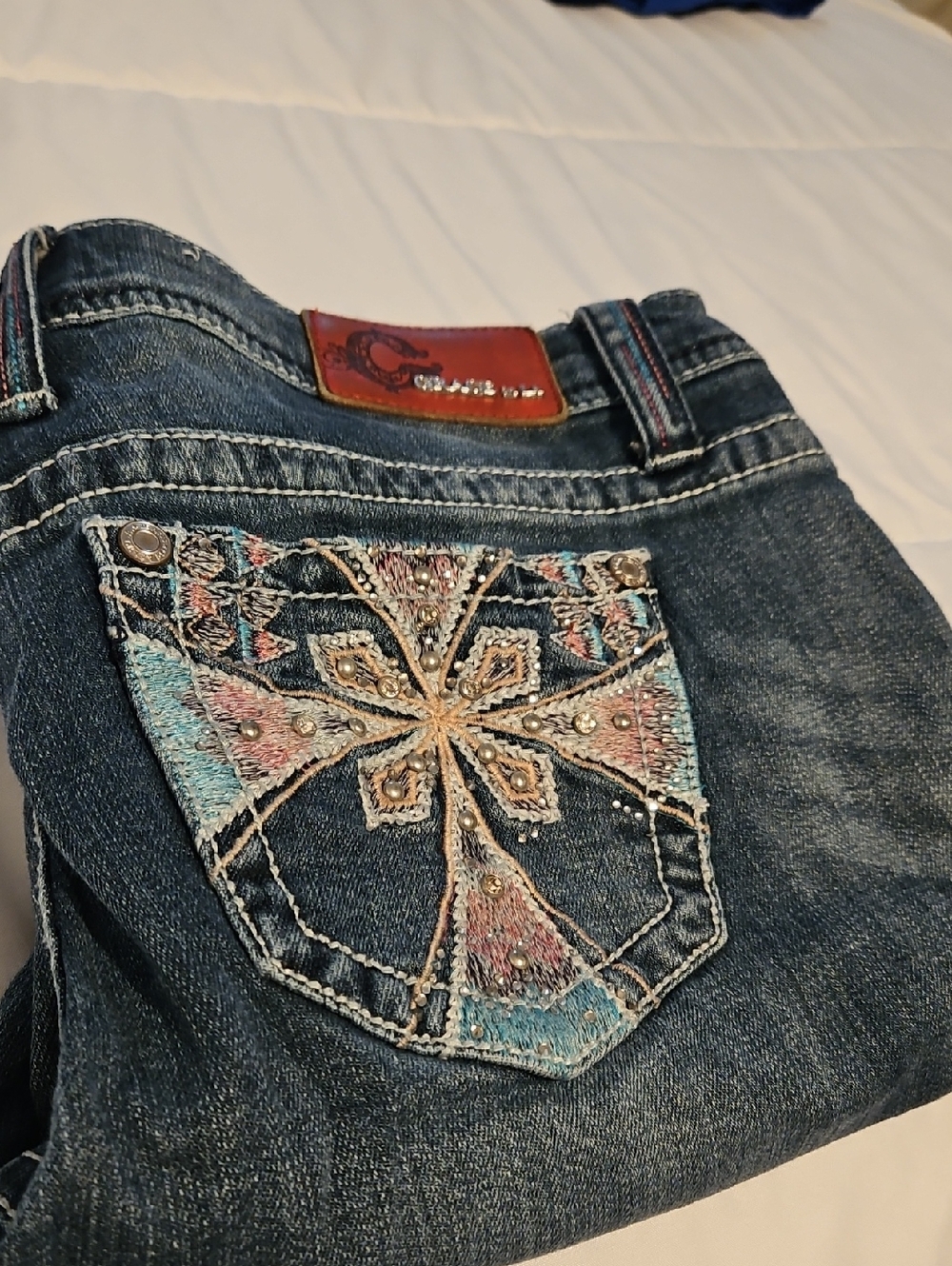 Grace Dark Blue Boot Cut Jeans with Embroidered Accent